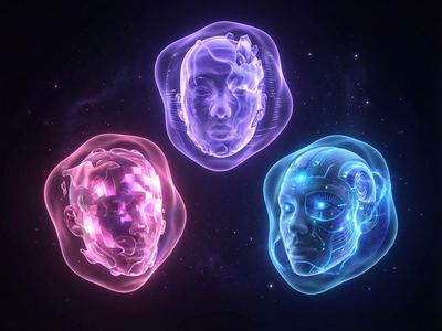 Three stylized futuristic avatars with glowing outlines