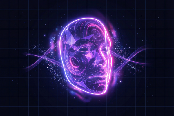 Futuristic digital mask with glowing violet and pink edges